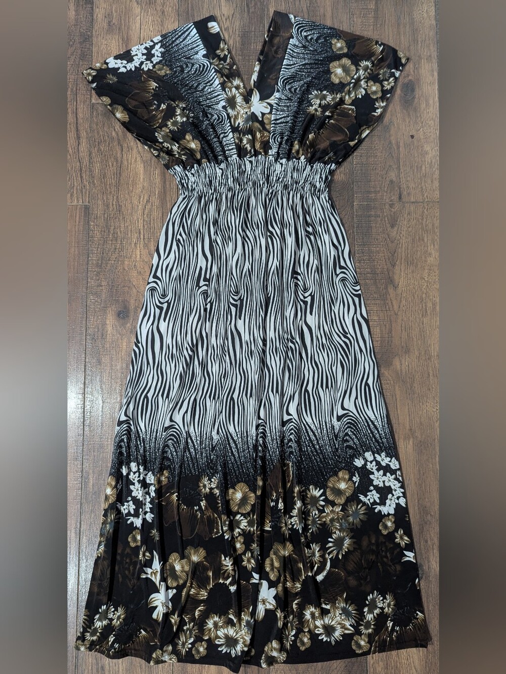 OB Fashion Unique Maxi Dress Zebra Stripe & Dark Floral Pattern Mix Junior 3XL